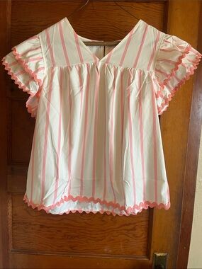Amazon Women's Pink and White Striped Flutter Sleeve Blouse